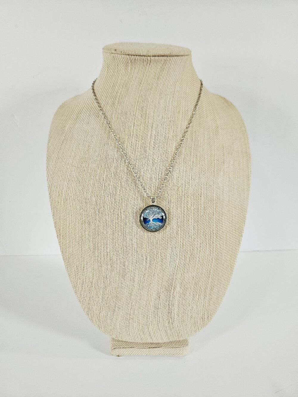 Tree Of Life Celtic Blue Domed Glass Round Cabochon Silver Tone Pendant Necklace - Picture 2 of 11